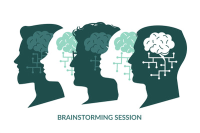 Brain system. Brainstorming session. Cyberbrain human heads silhouette