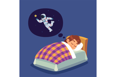 Children sleep. Kid in bed dreaming of space flight. Boy wants to beco