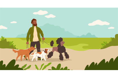 Dogsitter. Man walking dogs in park. Male character leads puppies on l