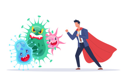 Fight against viruses. Countering viruses. Man in superhero suit and p