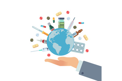 Global pharmaceuticals. Hand hold earth globe with pills vaccines and