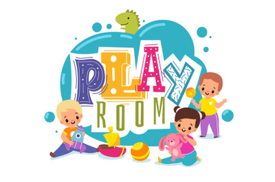 Kids play room. Playground cartoon logo. Children zone for games. Boys