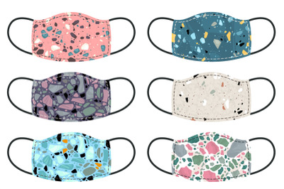 Medical mask with terrazzo patterns. Cartoon respirators with colorful