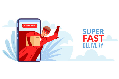 Super delivery. Man in superhero suit with cardboard box on smartphone