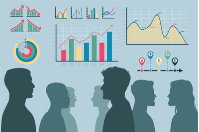 Teamwork process. Male heads silhouettes and infographics. Effective t