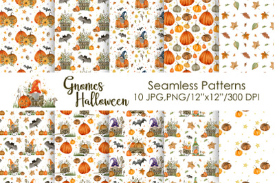 Watercolor Gnomes Halloween Seamless Patterns.