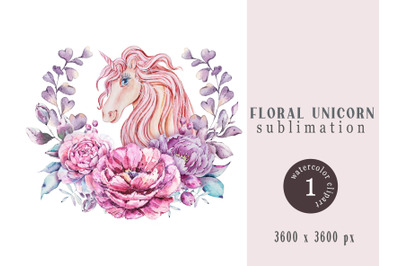 Watercolor floral unicorn sublimation / clipart- 1 png file