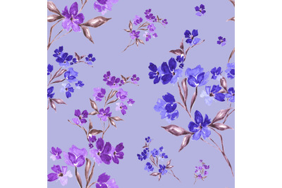 Blooming flowers watercolor seamless pattern. Purple and blue flowers.