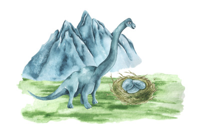 Dinosaur watercolor composition. Mountains&2C; brachiosaurus. Dino baby