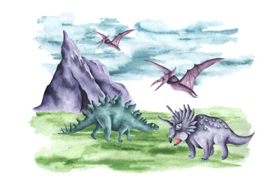 Dinosaurs watercolor illustration. Stegosaurus&2C; Pterosaur&2C; Triceratops