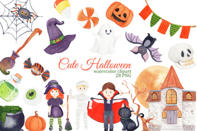 Cute Halloween Watercolor Clipart, Halloween costume party clipart