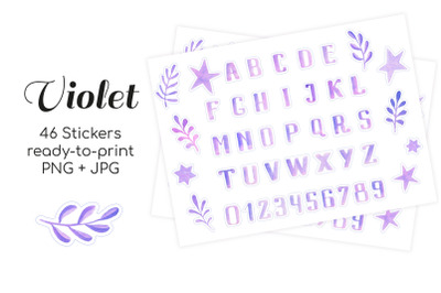 Violet Watercolor Alphabet, Herbs and Stars Scrapbook Stickers