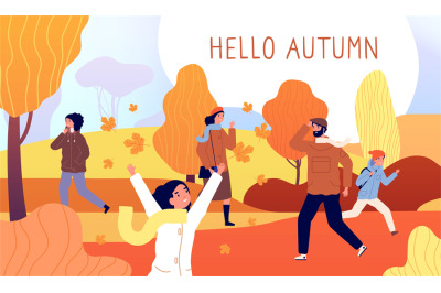 Hello autumn banner. Yellow november&2C; season style men walk in park. R