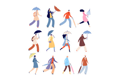 People with umbrellas. Rainy autumn, city street wet person character.