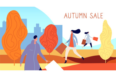 Autumn people shopping. City characters, person with shop bags walk on