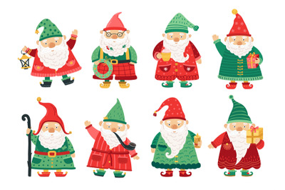 Christmas dwarfs. Cute fairytale gnome, old beard men greeting with x-