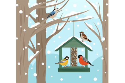 Winter feeder. Snow woodland, birds food on tree poster. Feeding wild