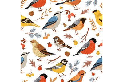 Forest winter birds pattern. Forest animal background, flat snowy tree