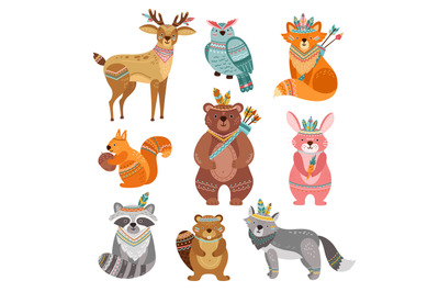 Cartoon tribal animals. Cute woodland illustration&2C; boho fox wolf deer