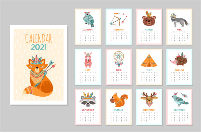 Cute animal calendar 2021. Kid animals, forest tribal wildlife posters