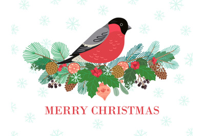 Bird winter banner. Christmas forest, bullfinch on natural branch bord