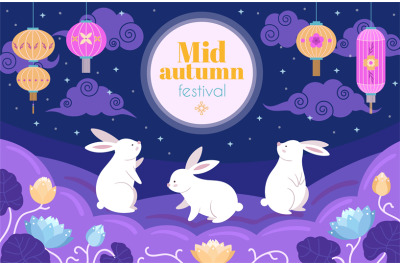 Chinese mid autumn festival. Festive full moon&2C; happy cartoon rabbit w