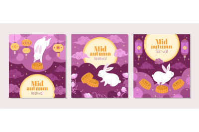 Mid autumn festival cards. Fest symbols&2C; cartoon bunny lantern and cak