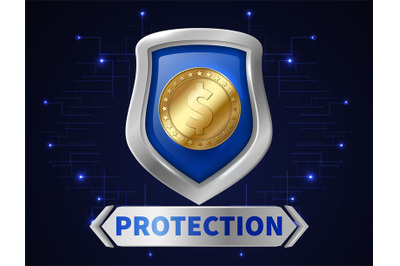 Banking money protection. Golden coin in realistic shield, save your m