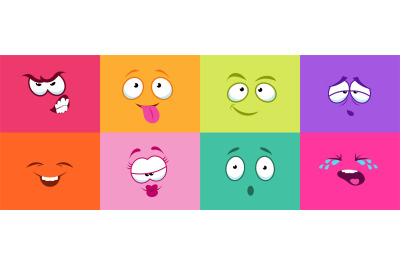 Cartoon cute faces. Monster smile crying angry, colorful cards with sm