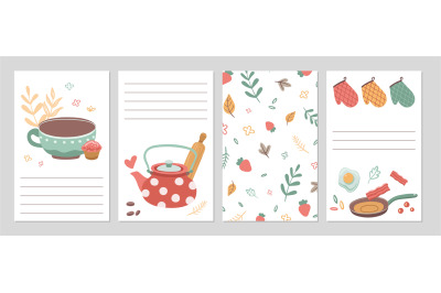 Culinary cards. Kitchen recipe notebook pages, notes paper template. T