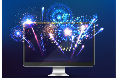 Firework online. Light on screen, realistic monitor with festive new y