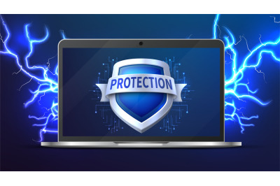 Laptop with protection shield. Data protect&2C; realistic digital device