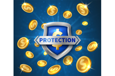 Money protection. Realistic shield, flying golden coins vector illustr