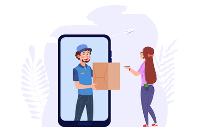 Online delivery. Post man with box, woman and parcel. Mobile app, logi