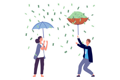 People under money rain. Woman man holding umbrella, investment profit