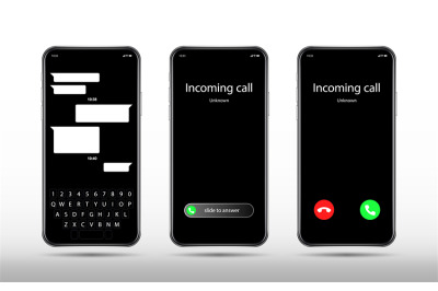 Phone call and chat screen. Realistic smartphone mockup&2C; incoming call