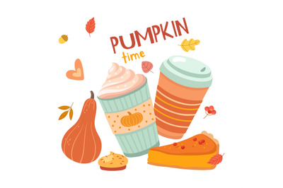 Pumpkin latte time. Autumn drinks, hygge season. Coffee with cream, fa