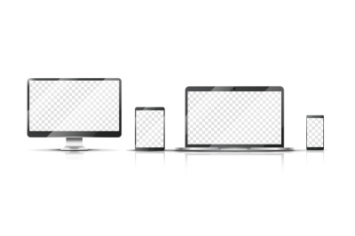 Realistic devices mockup. Smartphone, monitor laptop and tablet with t
