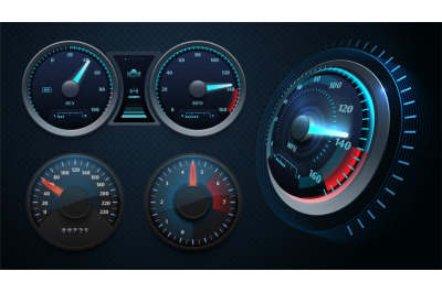 Realistic speedometer. Sport car dashboard, auto panel with arrows and