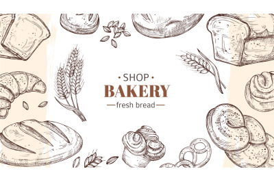 Sketch bakery background. Bread, fresh buns and rolls, wheat ears bann