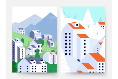 Summer winter landscape. Suburb lifestyle cards, minimal style buildin