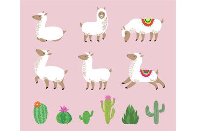 White llama set. Cute alpaca&2C; cartoon wool wild south america animals.