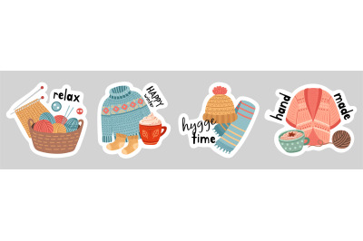 Winter stickers. Hot drink&2C; knitted elements cardigan sweater and warm