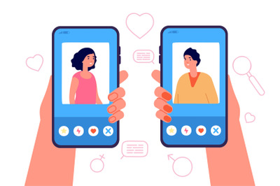 Mobile dating concept. Romantic app, man woman online relationship. Fe