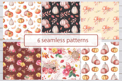 Autumn patterns. Watercolor pumpkins and roses.