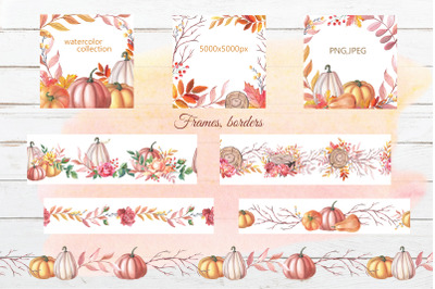 Watercolor frames,borders. Autumn pumpkins and roses.