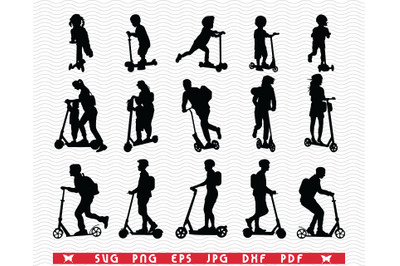 SVG Scooter Riding&2C; Black silhouettes&2C; Digital clipart