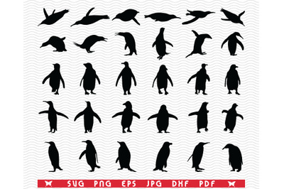 SVG Penguins&2C; Black silhouettes&2C; Digital clipart