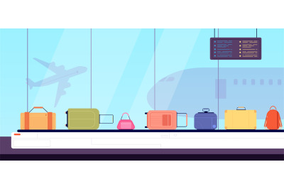 Luggage on belt. Flat color suitcases, airport conveyor and vacation b