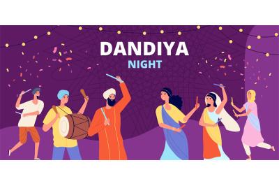 Garba dandiya night banner. Gujarat folk disco&2C; girls boys holiday dan